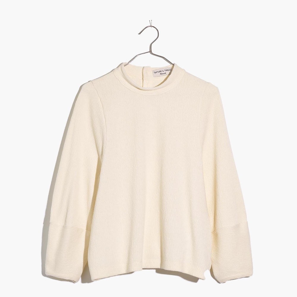 Texture & Thread Button Back Mock Neck Top In Bright Ivory